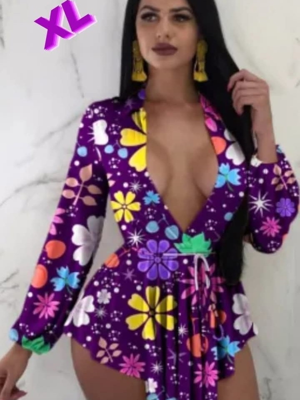 Purple Floral Deep V Blouse